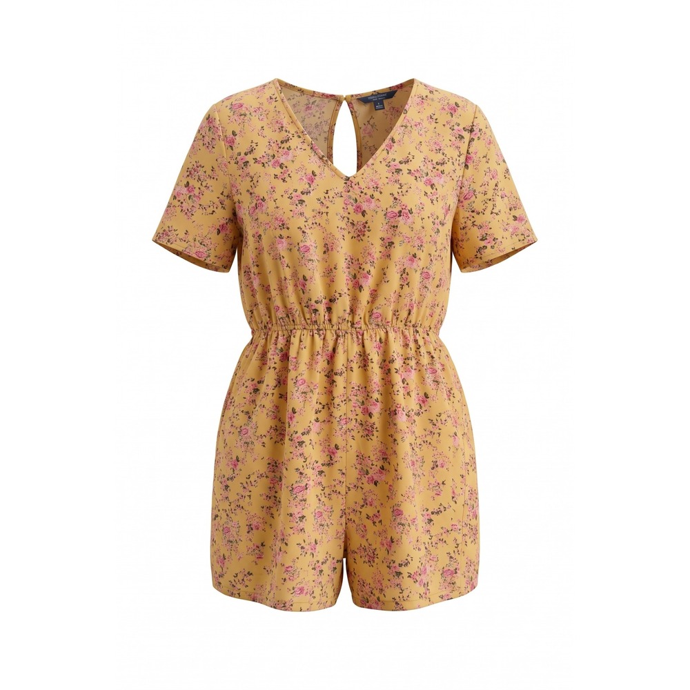 Shein Curve Womens 2XL Yellow Floral V-Neck Short Sleeve Romper Elastic Waist‎